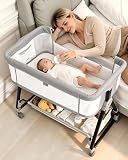 feelogos Baby Bassinets Bedside Sleeper with Wheels and Mattress, Cosleeping Baby Bed with Storage, Co-Sleeper Bassinet Attach to Bed, Bed Side Crib with Breathable Mesh, Height Adjustable(Gray)