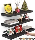 BAYKA Floating Shelves for Wall, Wall Mounted Rustic Wood Shelves for Bathroom, Bedroom, Living Room, Kitchen, Hanging Shelf for Books/Storage/Room Decor with 22lbs Capacity (Black, Set of 3, 15.7in)