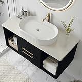 Glintee 40" Modern Floating Bathroom Vanity with Premium AAA Grade Ceramic Sink, Wall-Mounted Solid Wood Cabinet, 2 Drawers & 2 Open Cubes, Black, Easy Assembly