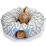 Kitty City Large Cat Tunnel Bed, 2-in-1 Zip-Together Cat Play Tunnel & Plush Nap Bed, Pop-Up Indoor Cat Toy with Hanging Toys, Collapsible Design - White