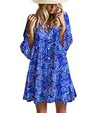 Opemiby Summer Dresses for Women 2026 Flowy Ruffle 3/4 Sleeve V Neck Tiered Casual Babydoll Boho Beach Mini Dress Bright Blue Floral L
