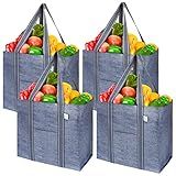 VENO 4 Pack Reusable Grocery Bags, Heavy-Duty Shopping Bags with Handles, Bags for Shopping Cart with Hard Bottom to Stand Upright, Foldable, Multi-Purpose(Gray, 4 Pack)