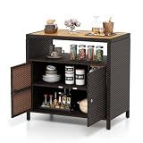 Tangkula Rattan Outdoor Storage Cabinet, Patiojoy Outdoor Cabinet with Acacia Wood Countertop, Open Compartment, 2-Door Wicker Sideboard, Outdoor Bar for Patio Garden Backyard Poolside (Mix Brown)