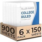 Rosmonde Loose Leaf Paper, 900 Sheets, 6 Pack, College Ruled, 8" x 10.5", Bulk Office Filler Paper, 3 Hole Punched, 150 Sheets/Pack, College Ruled Paper for 3 Ring Binder, Notebook Paper, White