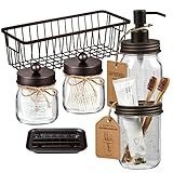 SheeChung 6Pcs Mason Jars Bathroom Accessories Set Complete - Toothbrush Holder, Lotion Soap Dispenser, 2 Mason Jars, Soap Dish, Toilet Paper Basket, Rustic Farmhouse Decor (Brown, 6Pcs Bathroom Set)