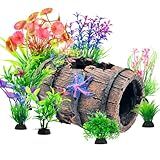 CousDUoBe Fish Broken Barrel Decor Fish Tank Decorations Betta Fish Tank Accessories,Starfish Barrel x 1pc, Aquarium Plants x 8pcs