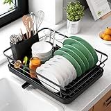 Kitsure Dish Drying Rack for Kitchen Counter, Stainless Steel Sink Organization and Storage Essentials with Cutlery Holder, Home and Appartment Decor, 12''W x 15.5''L, Black