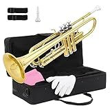 Ktaxon Bb Standard Trumpet for Beginners,Trumpet for Student with Hard Case,7C Mouthpiece,Cleaning Cloth,Gloves,Brass Instruments for Kids and Adults(Gold)