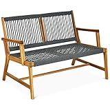Tangkula 2-Person Patio Acacia Wood Bench Loveseat, Outdoor Patio Rope Bench in Teak Oil Finish, for Balcony Deck Poolside Porch (Grey)