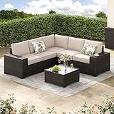 Jing's Villa 6-Piece Patio Furniture Set, All-Weather Outdoor Wicker Sectional Sofa with Cushions, Glass Table & Left and Right Armrest, Rattan Conversation Seating for Porch, Garden, Backyard,Beige