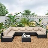Rattaner 9 Pieces Outdoor Sectional All-Weather Wicker Patio Furniture Set Patio Sectional Glass Patio Table Non-Slip Cushions and Waterproof Covers, Khaki