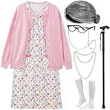 EBYTOP Old Lady Costume for Kids Halloween 100th Day of School Girls Dress up Granny Wig Grandma 100 Days Glasses Cane,1-PK 4-6 Years