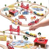 TradeWings 118PCS Wooden Train Set, City Railway Playset with Electric Train & Fishing Game, Compatible with Major Brands, Ideal Gift for Kids Ages 3-8 Boys Girls