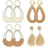 4 Pairs Handmade Raffia Rattan Bohemian Round Drop Dangle Earrings for Women, Boho Statement Cute Fun Hoop Earrings Set (Teardrop raffia and rattan)