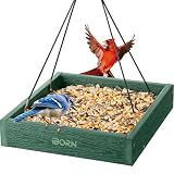 iBorn Platform Bird Feeder Tray Bird Feeders for Outdoors Hanging for Outside Flat Birdfeeder Tray with Large Capacity 3LBS, WPC Recycled Plastic & Cedar Look, Waterproof, 10.6"x10.6", Green