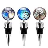 Soleebee 3 Pack Decorative Wine Stoppers, Wine Bottle Stopper with Beautiful Art Glass, Reusable Beverage Bottle Stoppers for Bar, Gifts, Holiday Party, Kitchen Decor (Tree of Life)