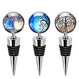 Soleebee 3 Pack Decorative Wine Stoppers, Wine Bottle Stopper with Beautiful Art Glass, Reusable Beverage Bottle Stoppers for Bar, Gifts, Holiday Party, Kitchen Decor (Tree of Life)