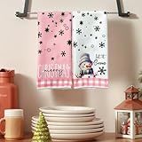 Hluvibbi Merry Christmas Kitchen Towels Set of 2,Funny Snowman Dish Towels Holiday Home Indoor Bathroom Party Seasonal Decorations,Cute Pink Buffalo Plaid Farmhouse Decor Hand Towels