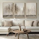 Framed Neutral Wall Art for Living Room, Large 3 Piece Abstract Pastel Grunge Forest Landscape Tree Canvas Artwork Set, Modern Art Decorative Nordic Painting Picture Prints for Hallway Office 24x36 In