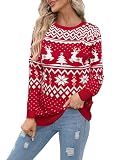 Christmas Sweater for Women Cute Reindeer Snowflake Knit Sweater Long Sleeve Pullover Red L