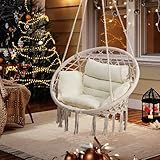 KROFEM Macrame Hammock Hanging Swinging Chair with Medium Cushion, Perfect for Bedroom, Porch, Adults, Balcony, Beige