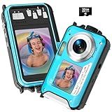 Yifecial 4K Underwater Camera 64MP Autofocus 16FT Waterproof Camera Dual-Screen Selfie 16X Underwater Camera for Snorkeling Waterproof Compact Floatable Digital Camera with 32GB Card,Blue