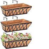 LCHUANG Deck Railing Planter Window Box - 3 Pack 24 Inch Deck Balcony Rail Planter with Coconut Coir Liner, Fence Metal Hanging Flower Planter Basket Deck Railing Planter Boxes for Outdoor Lawn