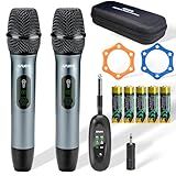 AFUOO Wireless Microphone Set for Singing, Speeches & Events, 2.4GHz Dual-Mic Receiver, 200ft, Storage Bag Included, Metal Cordless Mic 2 Pack for Karaoke Machines, PA Systems, PartyBox, Gray-Blue
