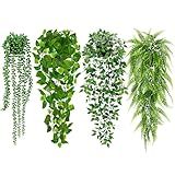 Palonu Artificial Hanging Plants for Shelf, 4 Pack Fake Potted Greenery Plant Faux Mandala Vine, String of Pearls, Ivy Vine,Persian Grass Fern in Pot for Desk Home Bathroom Farmhouse Room Table Decor