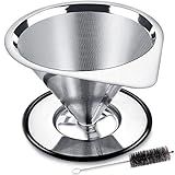 LHS Pour Over Coffee Dripper Stainless Steel Coffee Filter Metal Cone Filter Paperless Reusable Coffee Filter Single Cup Coffee Maker 1-2 Cup With Non-slip Cup Stand and Cleaning Brush
