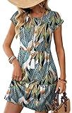 WIHOLL Spring Summer Dresses for Women 2025 Beach Vacation Babydoll Sundresses Cap Sleeve Fall Travel Graduation Mini Dress Navy Boho Hawaiian Blue Dress Palm Leaf M