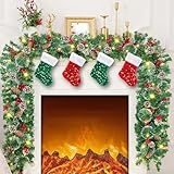 9 FT Christmas Garland with 4 Sequined Christmas Stockings, 50 LED Lights 8 Modes, Battery Operated, Decorated with Pine Cones, Red Berries, Snow Pine Cones Stairs Fireplace Home Decor