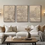 Large Vintage Framed Neutral Landscape Wall Art for Living Rooms, 3 Piece Retro Big Tree Sketch Botanical Forest Antique Canvas Artwork Set, Rustic Nature Wabi Sabi Art Prints for Hallway Home Office 24x36 Inch