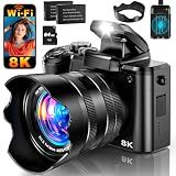 8K Digital Camera, 88MP WiFi Cameras for Photography with 3.2" Touchscreen, 16X Zoom Autofocus Professional Dual Camera, Anti-Shake, 2 Batteries & Charging Stand, 64GB Card, Flash, Lens Hood