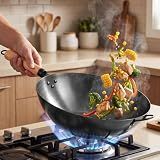 Sweetcrispy 13.5 Inch Carbon Steel Wok Pan, Pre-Seasoned Flat Bottom No Chemical Coating Pow Wok, Compatible with Induction, Electric, Gas and Open Fire, Ideal for Home Cooking and Camping, Black