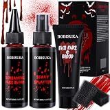 BOBISUKA Halloween Fake Blood Kit, 1.76oz Blood Spray + 1.76oz Dripping Blood + 1.06oz Stage Blood Gel + 2 Sponges, Realistic Washable Fake Blood Makeup for Clothes Vampire Zombie Monster SFX Cosplay