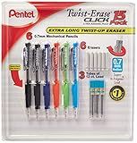 Pentel Twist-Erase Click Mechanical Pencils 0.7mm, HB #2, School Supplies, Teacher Supplies, Drawing Sketching pencils, Assorted Barrel Colors- 6 Mechanical Pencils, 6 Erasers, 3 Tubes of Lead Refills