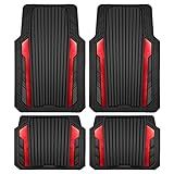 CAR PASS Heavy Duty Rubber Car Mats Metallic, Aluminum Film All Weather Floor Mats Waterproof Universal Trim to Fit Automotive SUV Sedan Van 4 Piece Anodized Deep Dish Two-Tone Sporty Black Red Chrome