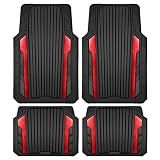 CAR PASS Heavy Duty Rubber Car Mats Metallic, Aluminum Film All Weather Floor Mats Waterproof Universal Trim to Fit Automotive SUV Sedan Van 4 Piece Anodized Deep Dish Two-Tone Sporty Black Red Chrome