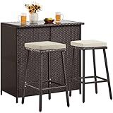 Yaheetech 3pcs Outdoor Bar Set, Patio Wicker Bar Furniture with 2 Storage Shelves, Glass Top Table, Cushions and Two Stools, Brown/Khaki