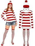 Halloween Costume Set, XL Halloween Women Cosplay Red White Striped Shirt Beanie Cap Glasses Socks for Party