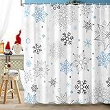 Dazzlewall Snowflakes Shower Curtains, Blue Grey Snowy Christmas Bathroom Shower Curtain Set with Hooks Winter Bathroom Supply Decor, 72x72 in