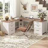 Vabches Wood L Shaped Executive Desk with 6 Drawers, Farmhouse Home Office Desk with Power Outlets and Triangle Under-Desk Storage Shelf & Drawer File Cabinet, Corner Computer Desk, Brown