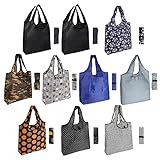 Aricsen 10 Pack 15x4.5x15 Inch Mixed Color Reusable Grocery Bags with Handles Bulk Heavy Duty, Shopping Foldable Kitchen Bags Large Machine Washable for Pocket Nylon Tote, Polyester Cloth