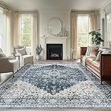 AMADA HOMEFURNISHING 8x10 Washable Area Rug, Low-Profile Large Area Rug with Non-Slip Backing & Durable Edge Binding, Vintage Large Rugs for Living Room, Bedroom, Dinning Room