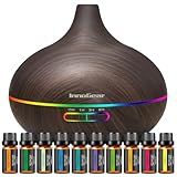 InnoGear Aromatherapy Diffuser & 10 Essential Oils Set, 400ml Diffuser Ultrasonic Diffuser Cool Mist Humidifier with 4 Timers 7 Colors Light Waterless Auto Off for Valentine's Gift, Dark Wood Grain