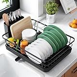 Kitsure Dish Drying Rack for Kitchen Counter, Stainless Steel Sink Organization and Storage Essentials with Cutlery Holder, Home and Appartment Decor, 12''W x 15.5''L, Black