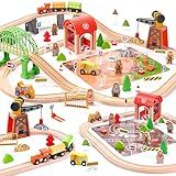 Wooden Train Set 102-Piece for Toddlers Kids Ages 3-8, Double-Sided Expandable Train Track with Puzzles & Magnetic Crane Toys, STEM Railway Playset Gifts Compatible with Major Brands for Boys Girls