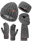Women Beanie Scarf Gloves Headband Set for Winter, Chenille Beanie Hats Ear Warmer with Fleece Lined Knit Scarf Touchscreen Gloves, 4 in 1 Warm Xmas Gift Set Stocking Stuffers for Women-Gray