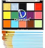 Drawdart Face Body Paint Kit, 15 Colors Face Painting Palette with 10 Pcs Artist Brushes| Facepaint Makeup Kit Ideal for Halloween SFX Cosplay Party Costume Makeup